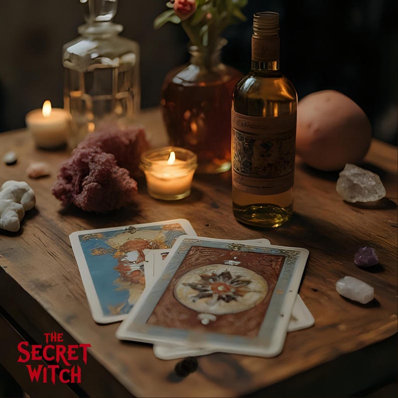 May include: A still life arrangement featuring tarot cards, candles, and a bottle of liquid with a decorative label. The cards have detailed illustrations. The scene is set on a wooden surface, with crystals and a small vase of flowers.