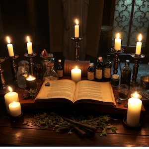 May include: A dimly lit scene featuring an open book surrounded by lit candles, glass bottles, and jars. The candles are in ornate holders, casting a warm glow on the wooden table. Herbs and other items are scattered around the book, creating a mystical atmosphere.