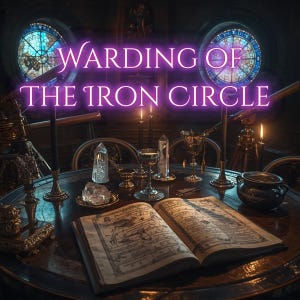 May include: A dimly lit scene featuring a round table with an open book, crystals, chalices, and candles. The text "Warding of the Iron Circle" is displayed in a glowing purple font, suggesting a mystical or fantasy theme.