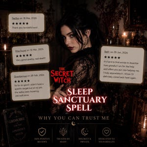 May include: A digital graphic featuring a person with dark hair wearing a black lace top, surrounded by customer reviews and text that reads THE SECRET WITCH SLEEP SANCTUARY SPELL, GRIMOIRE FOR THE APPRENTICE WITCH, and WHY YOU CAN TRUST ME.