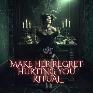 Puede incluir: Imagen oscura con una mujer vestida de negro y medias de rejilla. El texto "The Secret Witch" es visible. La frase "MAKE HER REGRET HURTING YOU RITUAL" se muestra en texto rojo neón, sugiriendo un ritual.