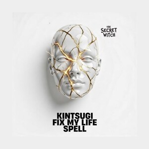Może przedstawiać: Biała, stylizowana ludzka głowa ze złotymi pęknięciami, z tekstem "Kintsugi Fix My Life Spell" i "The Secret Witch". Głowa ma zamknięte oczy i świecący środek.