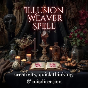 May include: An image of a mystical scene with the text "ILLUSION WEAVER SPELL". The scene includes candles, an open book titled "THE SECRET WITCH", and various decorative items. The text "creativity, quick thinking, & misdirection" is also present.