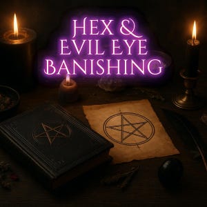 May include: A dimly lit scene featuring a glowing purple sign that reads "Hex & Evil Eye Banishing." A leather-bound book with a pentagram, a parchment with a pentagram, candles, and other mystical items are arranged on a wooden surface.