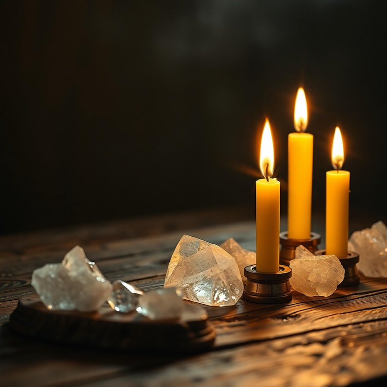 May include: Three lit yellow candles in brass holders, with clear quartz crystals on a wooden surface. The candles have long, slender flames, and the crystals are irregularly shaped. The background is dark.