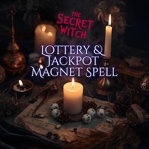 May include: An image featuring a mystical theme with candles, dice, and the text "The Secret Witch LOTTERY & JACKPOT MAGNET SPELL." The scene includes lit candles, decorative elements, and dice with numbers, creating an atmosphere of magic and fortune-telling.
