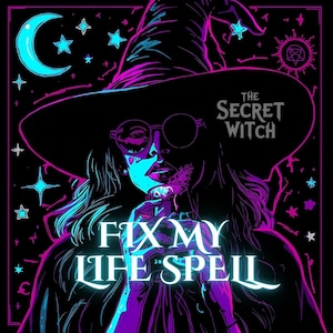 Może przedstawiać: Neonowa ilustracja czarownicy w dużym kapeluszu i okrągłych okularach, z tekstem "The Secret Witch" i "Fix My Life Spell". Grafika charakteryzuje się paletą kolorów czarnego, fioletowego i turkusowego, z gwiazdami i księżycem w tle.