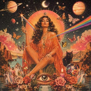 May include: A digital illustration featuring a central figure in an orange robe surrounded by planets, butterflies, and a rainbow. The scene includes a black cat, crystals, roses, a large eye at the base, and a starry night sky with a crescent moon.