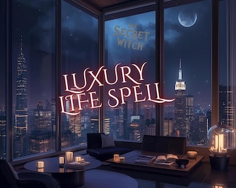 Pode incluir: Vista noturna de uma cidade através de grandes janelas, com texto em néon "The Secret Witch" e "Luxury Life Spell". O quarto inclui mobiliário moderno, velas e uma lua cheia, criando um ambiente místico.