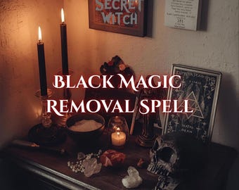 May include: A still life arrangement featuring a black magic removal spell. The scene includes lit black candles in ornate holders, a skull, crystals, a bowl of white powder, and a book titled "The Secret Witch."