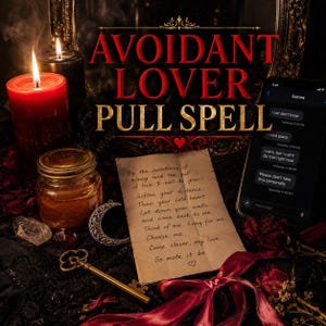 Può includere: Immagine scura con candela rossa, barattolo di miele, chiave e biglietto scritto a mano con testo "AVOIDANT LOVER PULL SPELL". Uno smartphone mostra messaggi di testo. Tema mistico.