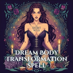 May include: An illustration of a woman with long brown hair, wearing a dark purple corset and dress, with the text "The Secret Witch" on her chest. The image includes the text "Dream Body Transformation Spell" and decorative elements like candles, roses, and potion bottles.