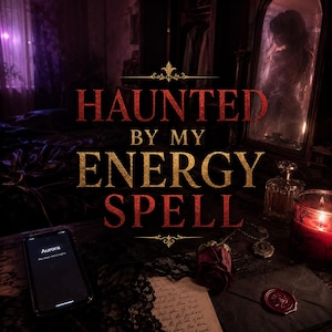 Può includere: Scena cupa con il testo "HAUNTED BY MY ENERGY SPELL" in rosso e oro. Uno smartphone mostra "Aurora, No new messages." Uno specchio riflette una figura spettrale. Candela, bottiglia di profumo e rosa.
