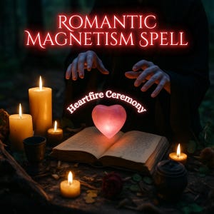 May include: An image of a romantic spell ceremony with the text "Romantic Magnetism Spell" and "Heartfire Ceremony". The scene includes lit candles, an open book, and a glowing heart-shaped object, creating a mystical atmosphere.