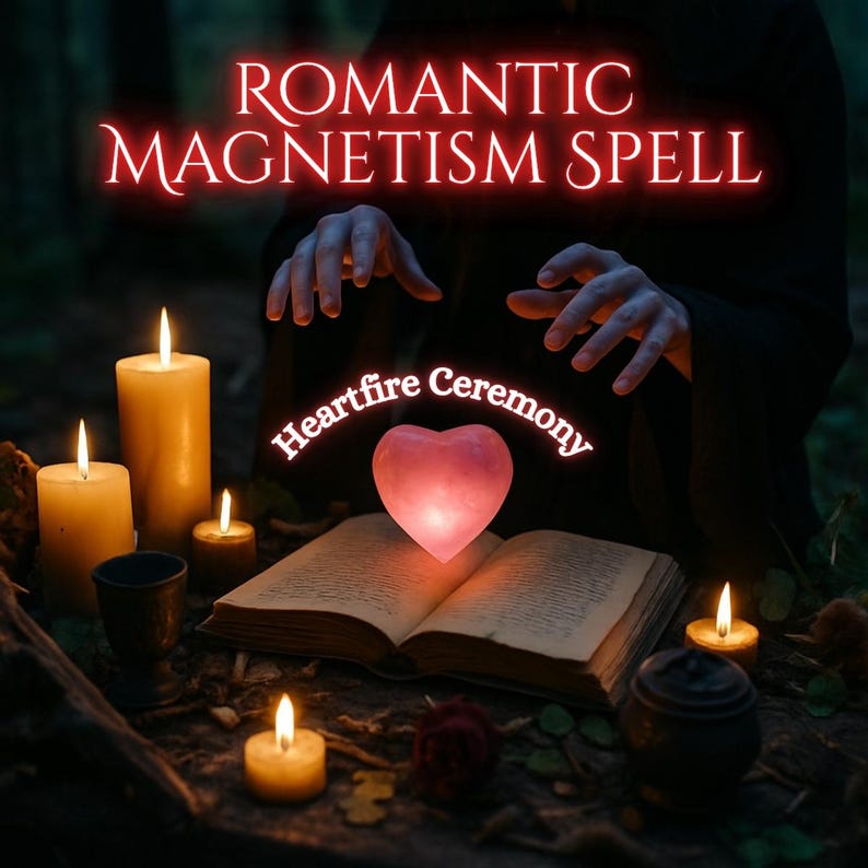May include: An image of a romantic spell ceremony with the text "Romantic Magnetism Spell" and "Heartfire Ceremony". The scene includes lit candles, an open book, and a glowing heart-shaped object, creating a mystical atmosphere.