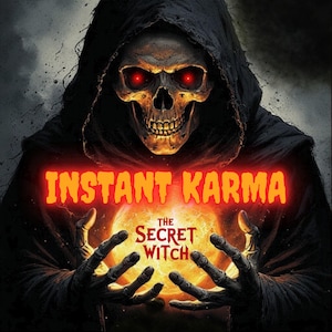 May include: Digital artwork featuring a skeletal figure in a black hooded cloak with glowing red eyes. The text "INSTANT KARMA" is displayed in orange, with "THE SECRET WITCH" below.