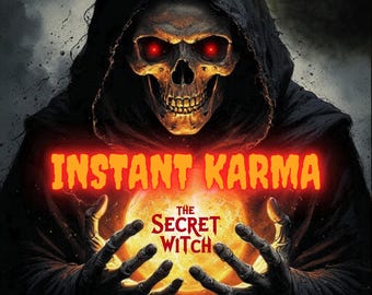 May include: Digital artwork featuring a skeletal figure in a black hooded cloak with glowing red eyes. The text "INSTANT KARMA" is displayed in orange, with "THE SECRET WITCH" below.
