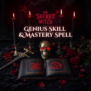 Puede incluir: Un libro de hechizos abierto con símbolos rojos iluminados, una calavera dorada con ojos rojos brillantes y una espada decorativa están rodeados de velas negras con llamas encendidas y pétalos de rosas rojas. El texto dice "The Secret Witch Genius Skill & Mastery Spell."