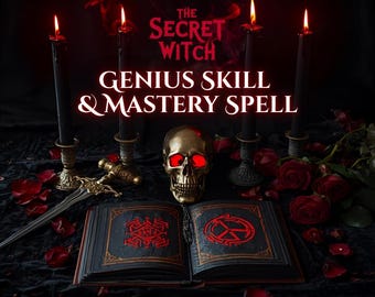 Puede incluir: Un libro de hechizos abierto con símbolos rojos iluminados, una calavera dorada con ojos rojos brillantes y una espada decorativa están rodeados de velas negras con llamas encendidas y pétalos de rosas rojas. El texto dice "The Secret Witch Genius Skill & Mastery Spell."