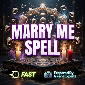 Może przedstawiać: Obraz z tekstem "MARRY ME SPELL" w dużych białych literach z fioletowym obrysem. Obraz przedstawia kilka diamentowych pierścionków, świece oraz słowa "FAST" i "Prepared By Arcane Experts".