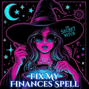 Może przedstawiać: Neonowa ilustracja czarownicy z dużym kapeluszem i okularami przeciwsłonecznymi, mieszającej w kotle. Tekst brzmi "The Secret Witch" i "Fix My Finances Spell" w mistycznym wzorze z gwiazdami i księżycem.