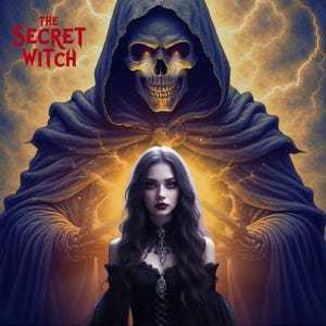 Può includere: Illustrazione digitale di una donna in abito nero con lunghi capelli scuri e ondulati. Dietro di lei, una grande figura incappucciata con un volto a teschio. Il testo "THE SECRET WITCH" è in rosso. Lo sfondo ha una luce dorata.
