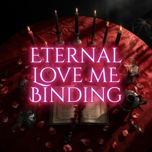 Może przedstawiać: Mistyczna scena z napisem "ETERNAL LOVE ME BINDING" w jasnoróżowym neonie. Obraz przedstawia zapalone świece, otwartą książkę, płatki róż i różne przedmioty rytualne na czerwonej aksamitnej powierzchni.