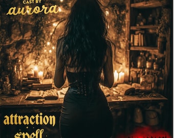 Puede incluir: Una mujer con un vestido negro y corsé está de pie en una habitación con poca luz con velas y estantes de botellas. El texto "attraction spell" y "Obsession" son visibles. Las palabras "Cast by aurora" también son visibles.