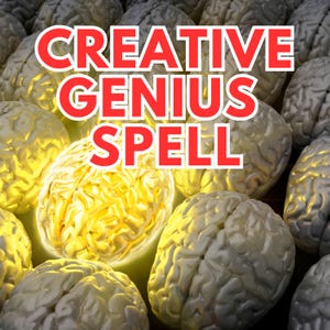 Könnte beinhalten: Ein goldenes Gehirn leuchtet hell vor einem Hintergrund aus vielen grauen Gehirnen. Der Text "CREATIVE GENIUS SPELL" ist in roten Buchstaben geschrieben.