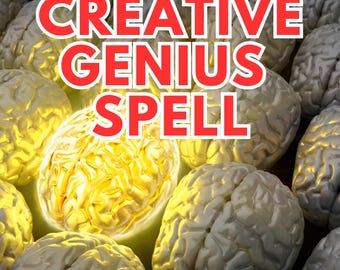 May include: A golden brain glows brightly against a background of many grey brains. The text "CREATIVE GENIUS SPELL" is written in red letters.