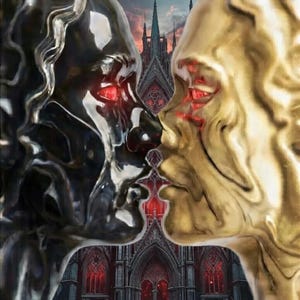 Op de afbeelding: Een artistieke afbeelding van twee gezichten in profiel, die lijken te kussen. Eén gezicht is zwart, de ander goud, beide met gloeiende rode ogen. Op de achtergrond een gotische kathedraal, met een rood en donker kleurenschema.