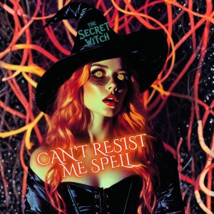 以下が含まれることがあります： 「The Secret Witch」の文字が入った黒い魔女の帽子をかぶった赤毛の女性のデジタルイラスト。画像には、オレンジ色の光る文字で「Can't Resist Me Spell」という文字も表示されています。背景にはオレンジと赤の線があります。