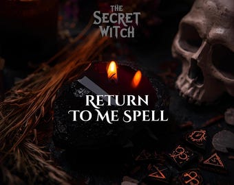 May include: A dark, moody image featuring a black candle with three flames, the text "RETURN TO ME SPELL", and the words "THE SECRET WITCH". A skull and other occult items are in the background, creating a mystical atmosphere.