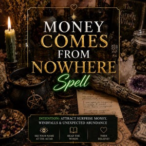 May include: A ritual display featuring a black cauldron filled with gold coins, a green candle, a sage bundle, and crystals. The text reads: MONEY COMES FROM NOWHERE Spell. INTENTION: ATTRACT SURPRISE MONEY, WINDFALLS & UNEXPECTED ABUNDANCE. SEE YOUR NAME AT THE ALTAR.