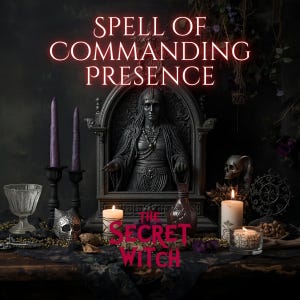 May include: A gothic-themed image with the text "Spell of Commanding Presence" and "The Secret Witch." It features a statue, candles, and a skull, creating a dark and mystical atmosphere. The overall aesthetic is occult.