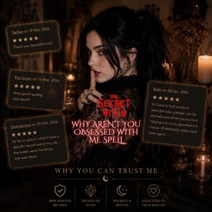 Könnte beinhalten: Eine Werbegrafik für The Secret Witch mit dem Text Why Aren't You Obsessed With Me Spell. Das Bild enthält Fünf-Sterne-Kundenbewertungen, den Text Why You Can Trust Me sowie Symbole für positive Bewertungen, Vertrauen und Diskretion.
