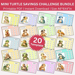 Puede incluir: Un conjunto de 20 plantillas imprimibles de mini desafíos de ahorro de tortugas. Cada tarjeta presenta una ilustración de tortuga de dibujos animados y una cuadrícula para rastrear el ahorro. Las tarjetas miden 15x10 cm.