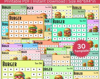 Mini Burgers Savings Challenge Bundle Printable PDF, A6 Fun Money Saving Challenge, 30 Templates, Budget Binder Insert
