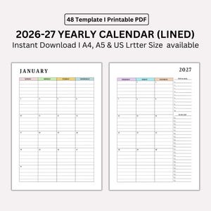 May include: A printable 2026-27 yearly calendar with lined spaces for notes. The calendar includes the months of January and a 2027 calendar with a to-do list. The text "48 Template I Printable PDF" is at the top.
