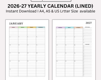 Könnte beinhalten: Druckbarer Jahreskalender 2026-27 mit linierten Feldern für Notizen. Der Kalender enthält die Monate Januar und einen Kalender 2027 mit einer To-Do-Liste. Der Text "48 Template I Printable PDF" steht oben.