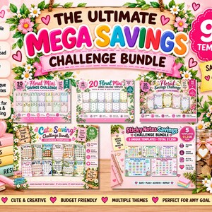 Blumen-Spar-Challenge-Paket zum Ausdrucken, 90 Vorlagen (PDF), superniedliche Haftnotizen zum Spar-Tracker, A6-Download zum Verschenken von Bargeld