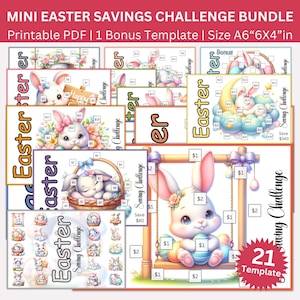 Op de afbeelding: Een verzameling afdrukbare Paas spaaruitdagingen met konijnenillustraties en paaseieren. De sjablonen bevatten bloemaccenten en de tekst "MINI EASTER SAVINGS CHALLENGE BUNDLE" en "Size A6"6X4"in". De afmeting is ongeveer 15,24 cm x 10,16 cm.