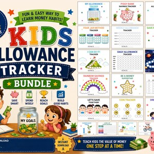 Op de afbeelding: Een digitaal pakket met 20 printbare zakgeld-trackersjablonen voor kinderen met kleurrijke illustraties van kinderen, spaarvarkens en potten. De tekst bevat Kids Allowance Tracker Bundle, 20 Unique Templates en Teach Kids The Value Of Money One Step At A Time. De sjablonen zijn 14,7x10,4 cm.