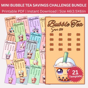 Può includere: Un pacchetto di 21 modelli stampabili di sfida di risparmio per il bubble tea. Il pacchetto include una varietà di design di bubble tea colorati con facce carine. Il testo "Bubble Tea Save $230" è in cima alla pagina. Il testo "21 Template" è in una stella rossa.