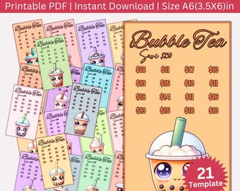 Mini kawaii bubble tea besparing uitdaging afdrukbare bundel, A6 budget bindmiddel planner, koffie besparende envelop uitdagingen, geld tracker pdf
