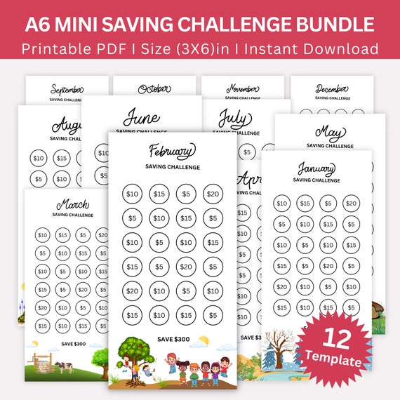 A6 Savings Challenge Printable: 12-month Tracker Bundle (digital