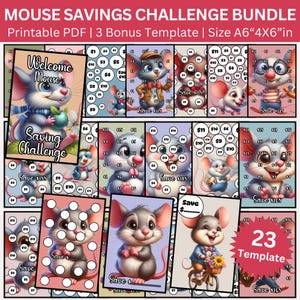 Maus Spar-Challenge Bundle druckbar, 23 niedliche Cartoon Budget Tracker PDF, A6 Bargeld Umschlag Binder Einsätze, lustige Tier Sparplaner