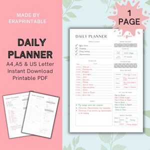 May include: A printable daily planner with a white background and black text. The planner includes sections for today's goals, to-do list, exercise, water intake, meal tracker, to call or email, and money tracker. The planner also includes a mood tracker with a scale of 1 to 5. The planner is designed to help you stay organized and on track with your goals.