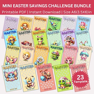 Può includere: Un set di 23 carte stampabili per la sfida di risparmio di Pasqua. Ogni carta presenta un diverso animale dei cartoni animati carino e una griglia per tenere traccia degli obiettivi di risparmio. Le carte sono progettate in uno stile luminoso e colorato con uno schema di colori rosa, giallo, blu e verde. Le carte sono di formato A6 (3,5 x 6 pollici).