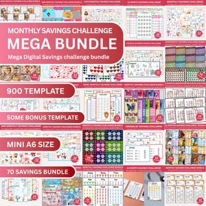 May include: A digital savings challenge mega bundle featuring 900 templates in A6 size. The collection includes various monthly savings trackers with colorful graphics, seasonal themes, and numerical goals, presented as a comprehensive set of printable PDF files.